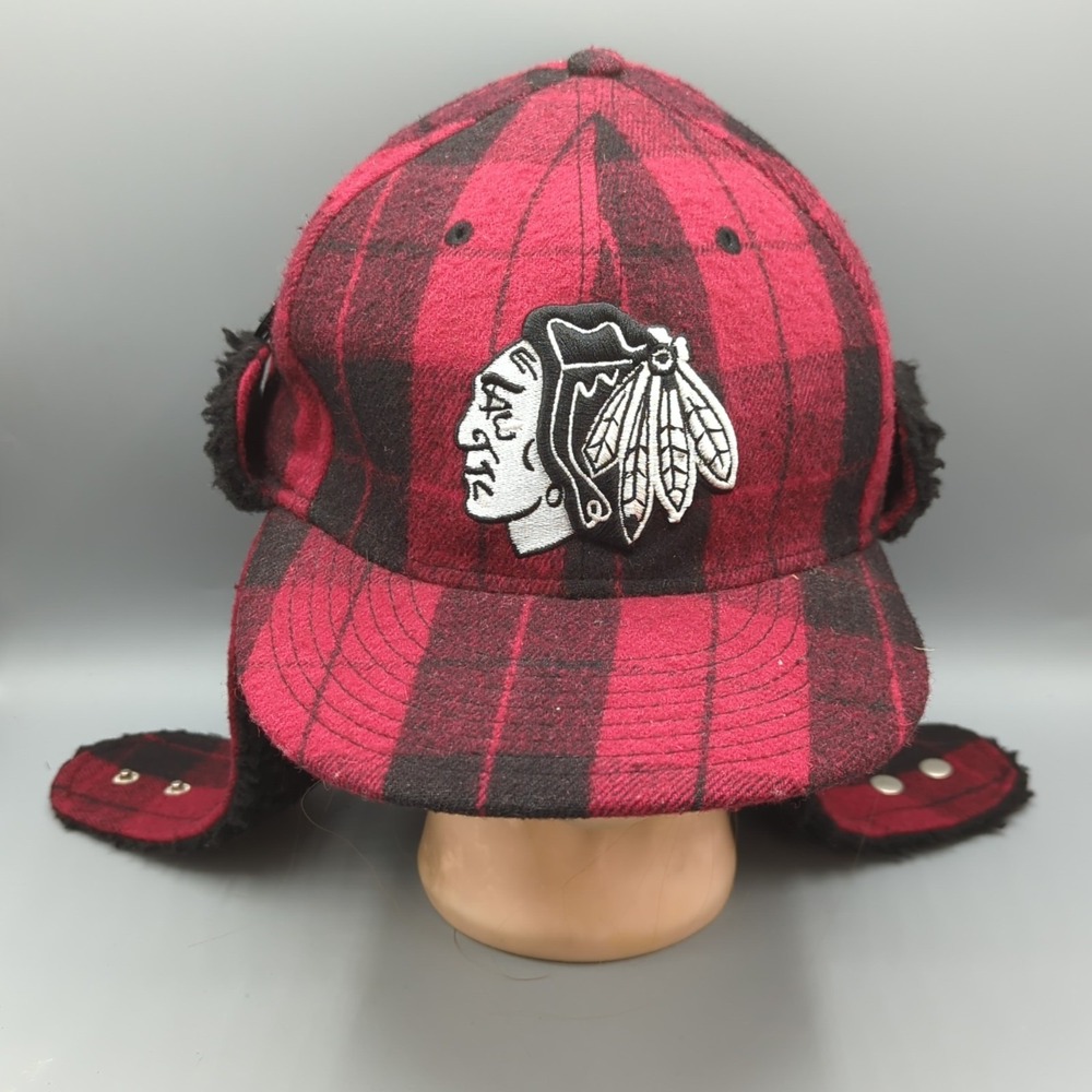Chicago Blackhawks Trapper Hat Cap New Era 59fifty 7 1/2 Red Plaid Ear Flap
